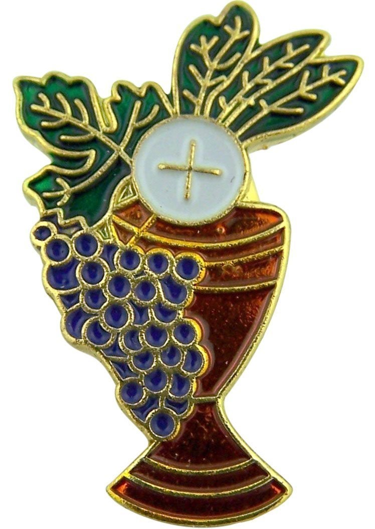 Chalice with Grapes and Wheat 1 Inch Gold Plate with Enamel First Communion Lapel Pin